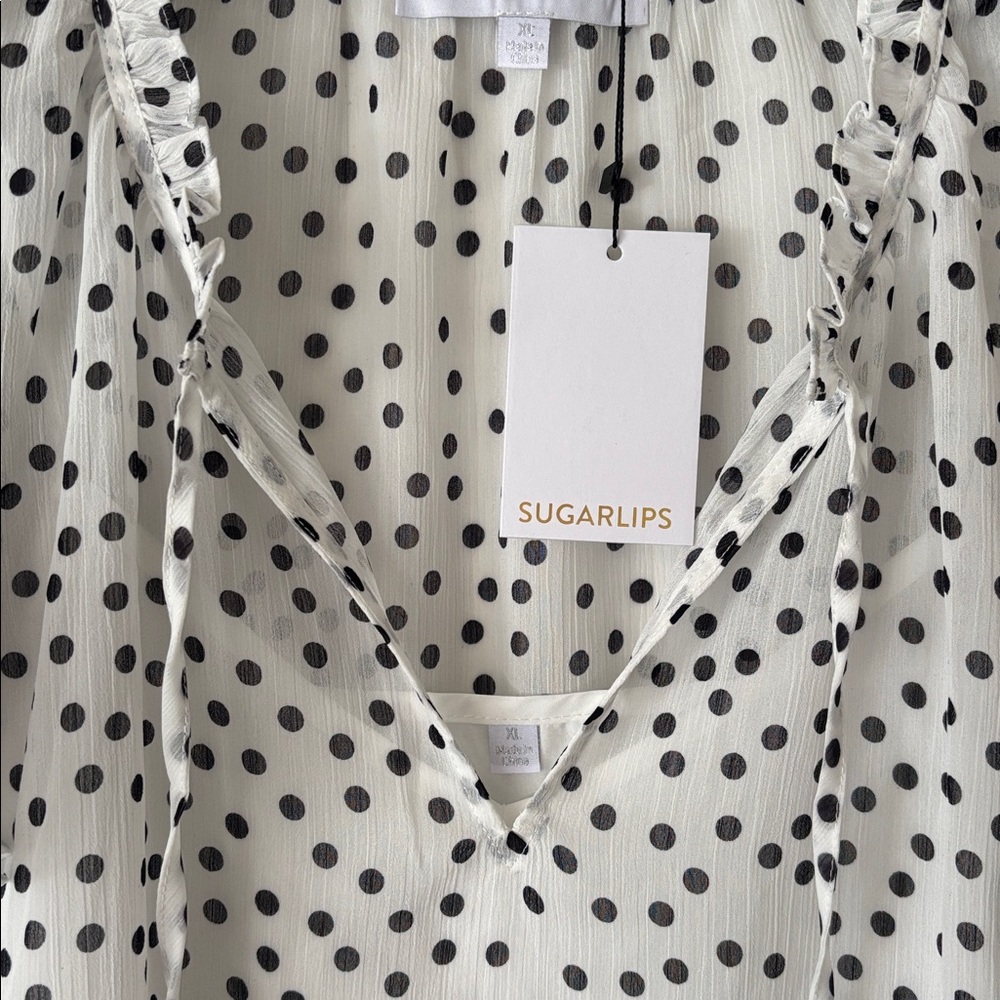 Sugarlips white and black polka dot tie neck ruffle sleeve blouse new XL - Picture 4 of 7